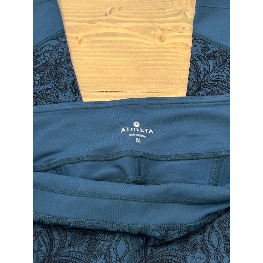 D23 Athleta Womens Teal Blue Black Lace Print Crop Leggings Yoga Pants Size M - Picture 4 of 4